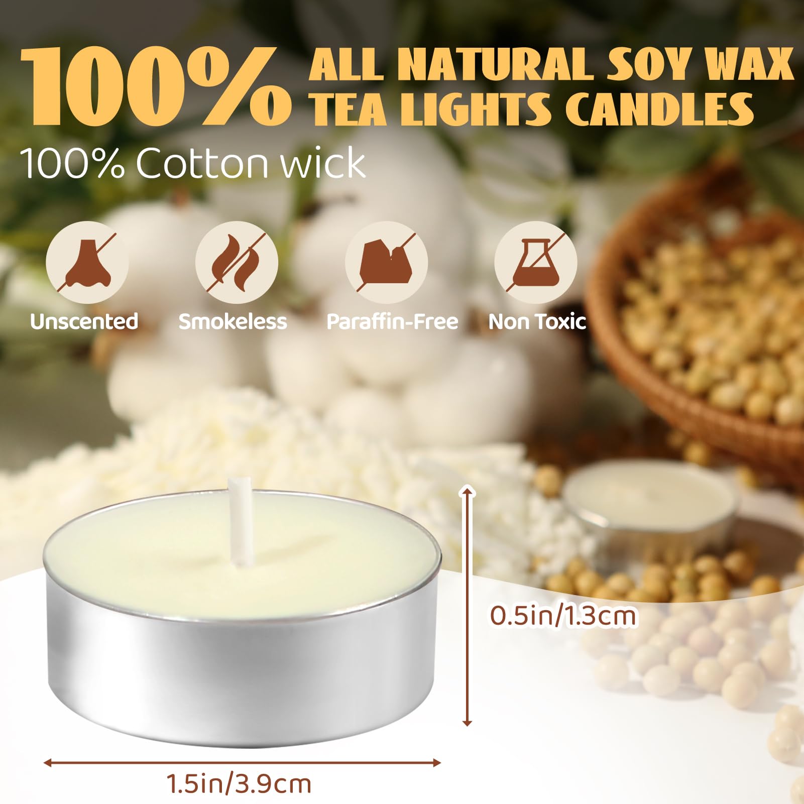 MAKALONE Soy Wax Tea Lights Candles 100 Pack,Natural White Soy Tealight Candles-4 Hours Long Burning,Paraffin-Free,Unscented,Clean Burn Tea Lights Votive Candles Bulk for Home Dinner,Weddings