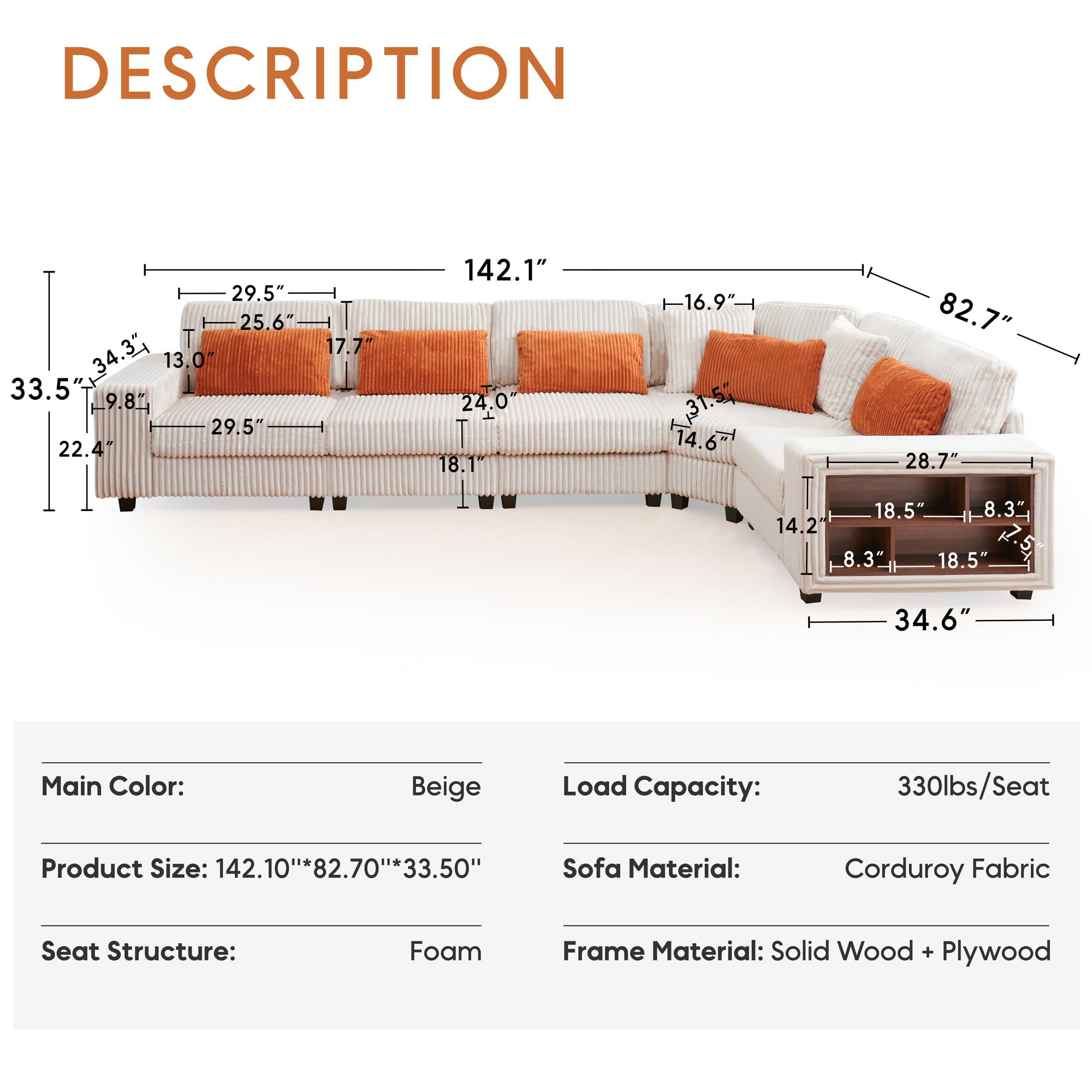 Yoglad 142’’ L-Shaped Reversible Corner Modular Sectional Sofa, Comfy Oversized Couch with Armrests Storage Rack, Plush Cozy Corduroy Upholstered Deep Seat Furniture for Living Room, Office (Beige)