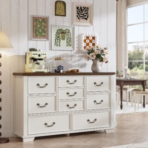 enhomee dresser for bedroom with 9 drawers, rustic wood dressers & chests of drawers with antique handles and smooth rail, 51.97" long dresser tv stand for sitting room, entryway, antique white