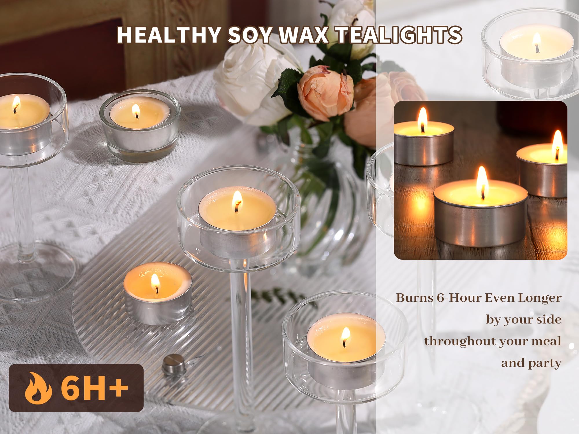 Soy Wax Tealight Candles | 100 Pack- 6 Hours Long Burning Tea Candles, 100% Natural Soy Wax Tea Lights Candles | Paraffin-Free, Unscented Tealights Candles Bulk for Party, Home, Wedding, Emergency