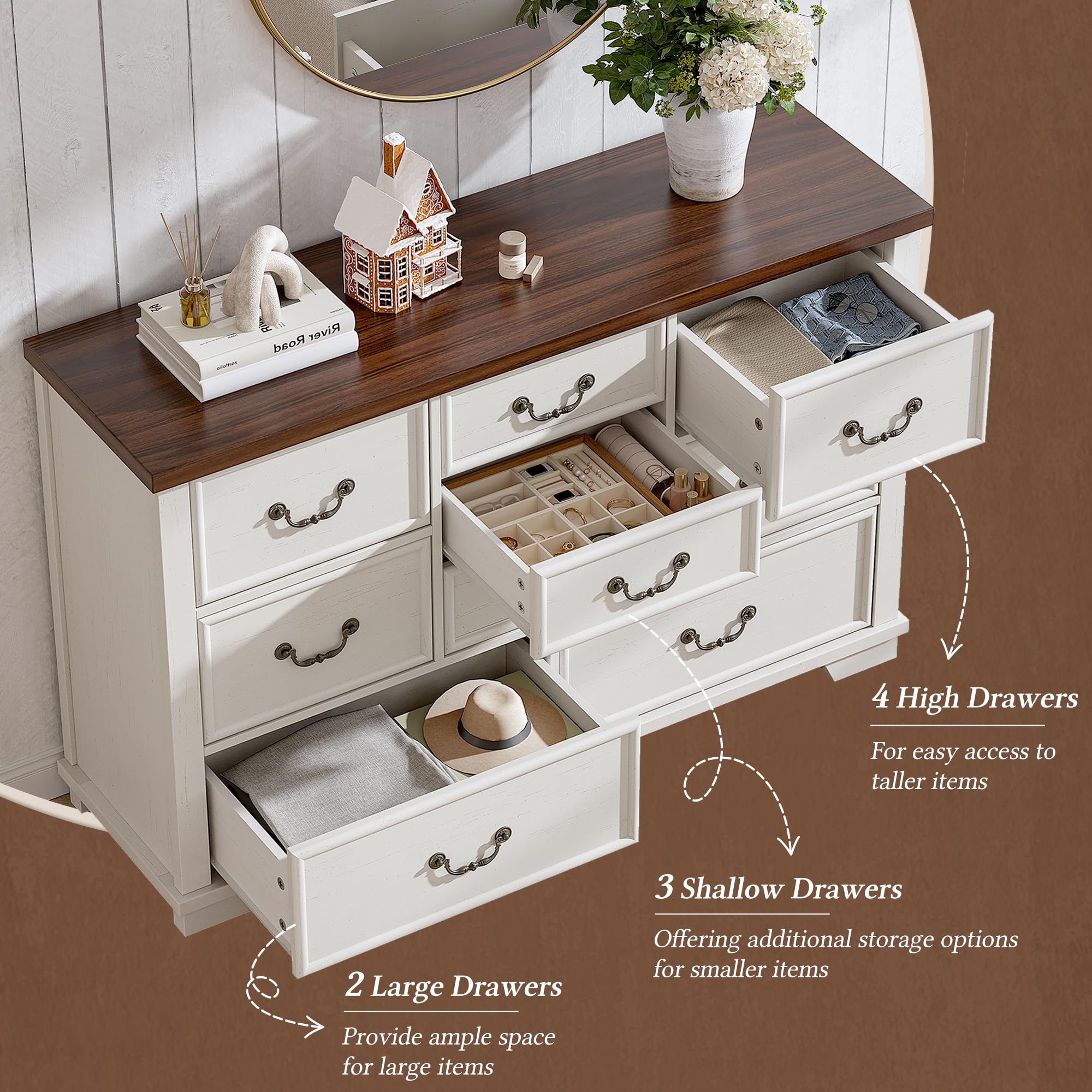 EnHomee Dresser for Bedroom with 9 Drawers, Rustic Wood Dressers & Chests of Drawers with Antique Handles and Smooth Rail, 51.97" Long Dresser TV Stand for Sitting Room, Entryway, Antique White