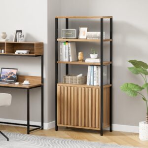 UEV Bookshelf 5 Tier Wood Boho Bookshelf with Storage Door,Fluted 71 in Tall Bookshelf with Metal Stand,Mid Century Modern Large Accent Bookcase for Living Room,Bed Room (Wood, 2 Piece)