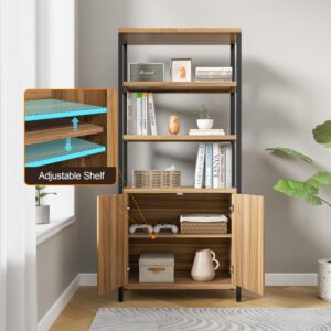 UEV Bookshelf 5 Tier Wood Boho Bookshelf with Storage Door,Fluted 71 in Tall Bookshelf with Metal Stand,Mid Century Modern Large Accent Bookcase for Living Room,Bed Room (Wood, 2 Piece)