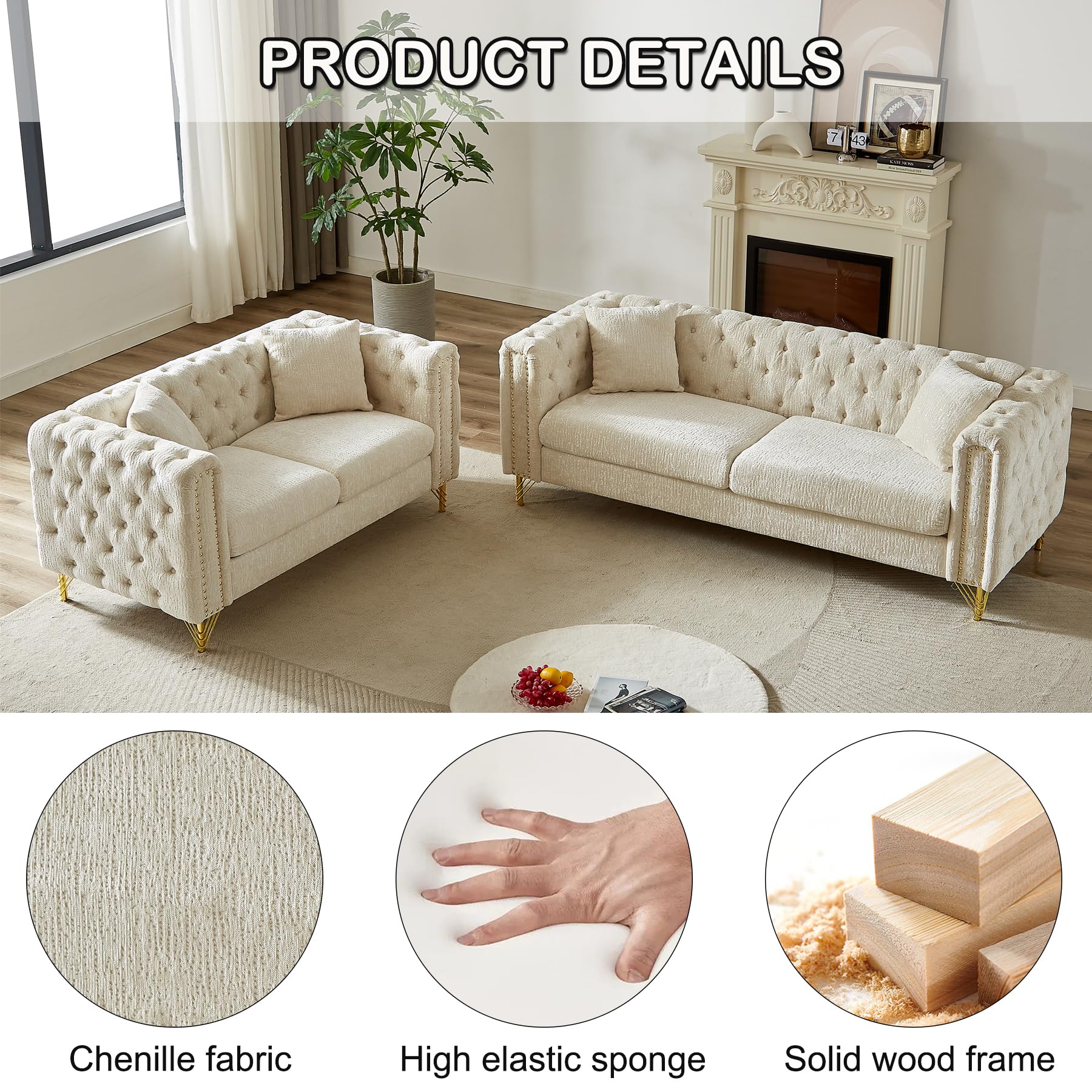 AZSJML 2 Piece Chesterfield Chenille Sofa Set for Living Room, Modern 3-Seater Couch and Loveseat Set,Tufted Chenille Sofa Nailhead and Gold Legs with 2 Pillows for Bedroom, Office, Beige