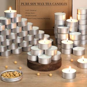 soy wax tealight candles | 100 pack- 6 hours long burning tea candles, 100% natural soy wax tea lights candles | paraffin-free, unscented tealights candles bulk for party, home, wedding, emergency