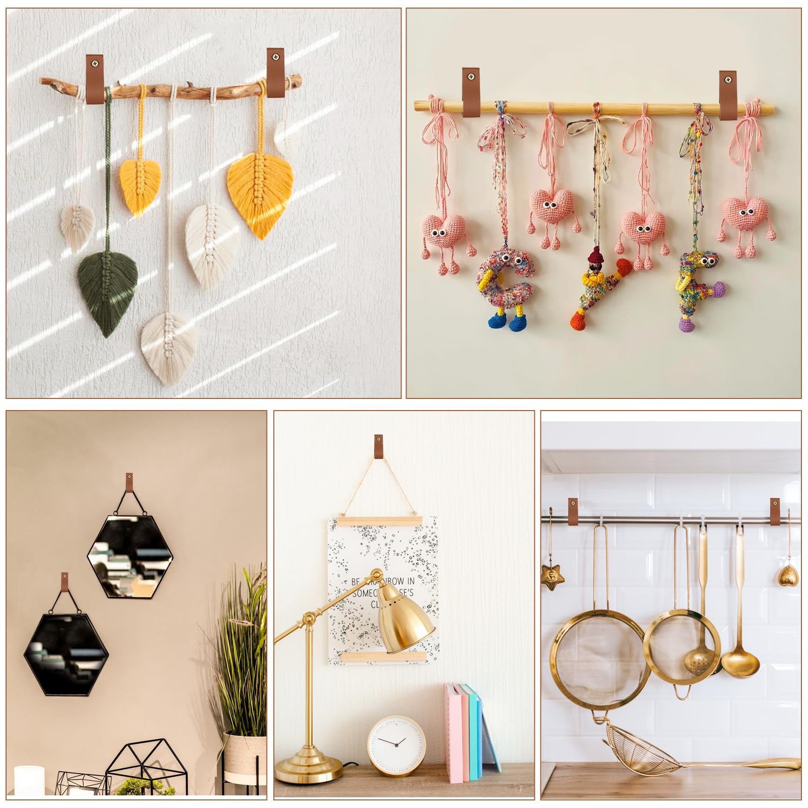 Qianyu 6 Pcs PU Leather Wall Hooks Curtain Rod Hanging Straps Towel Holder Hanger Cabinet Handle Loop Storage Supplies Boho Style Decor for Bathroom Kitchen Bedroom