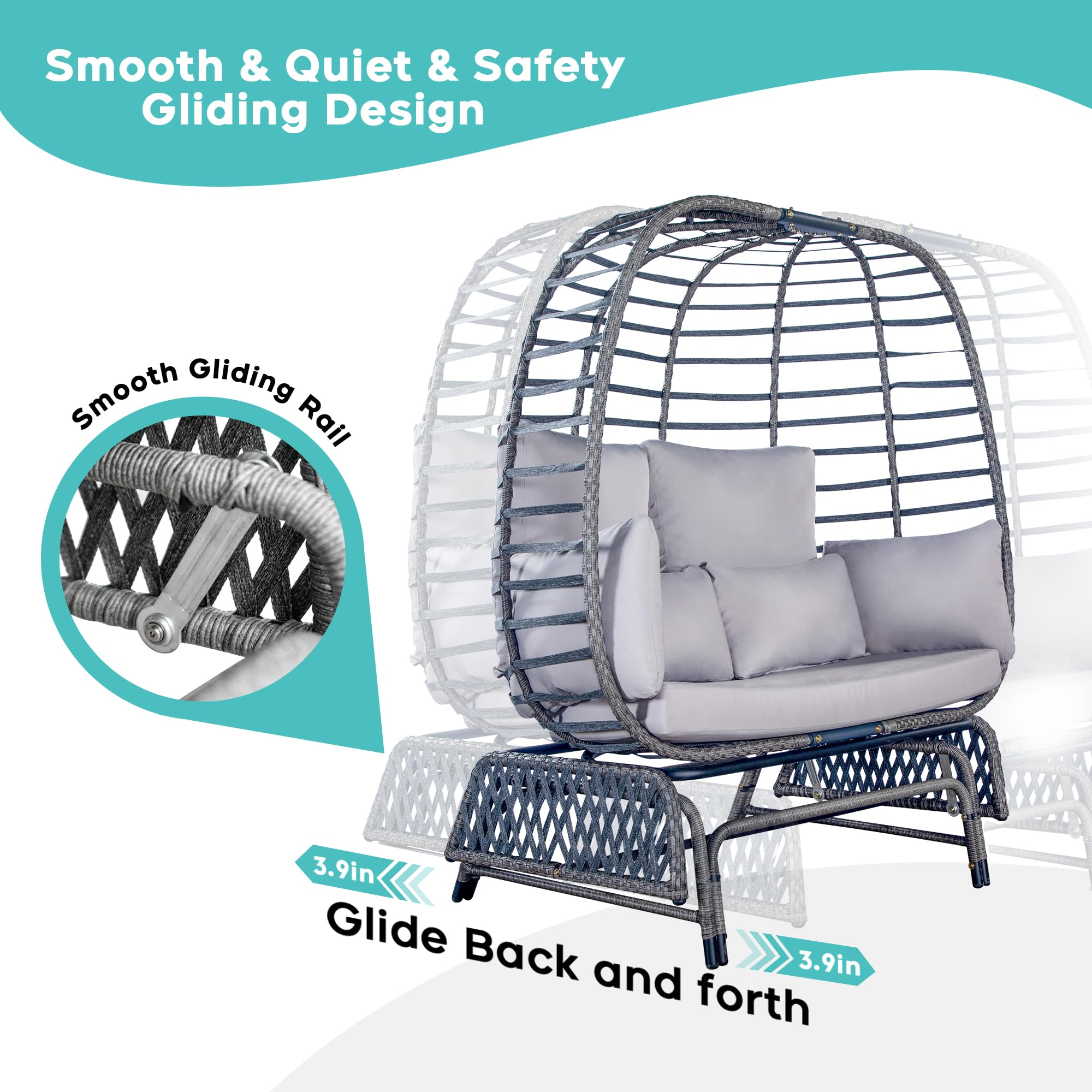 Outdoor Double Egg Chair Patio Chairs - 500lbs Capacity for 2 Person, Oversized Wicker Rocking Glider Chair with Steel Stand, Hand-Woven Lounge Chair Nest Loveseat for Indoor, Porch, Backyard, Balcony