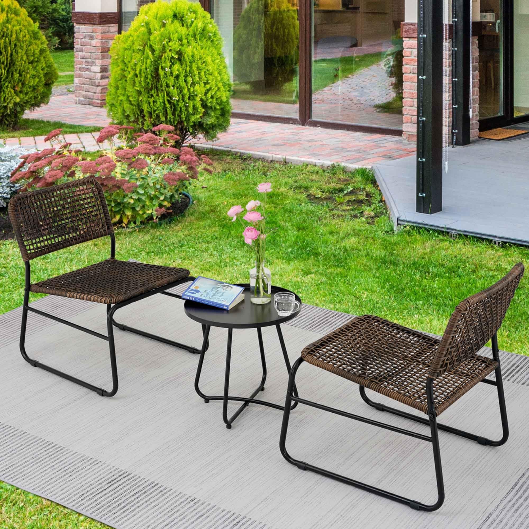 3 Piece Patio Furniture Set, 3 Pieces Patio Bistro Set, Front Porch Chairs Conversation Set, Outdoor Rattan Furniture with Round Table and 2 Armchairs for Lawn, Garden, Pool, Backyard, Black