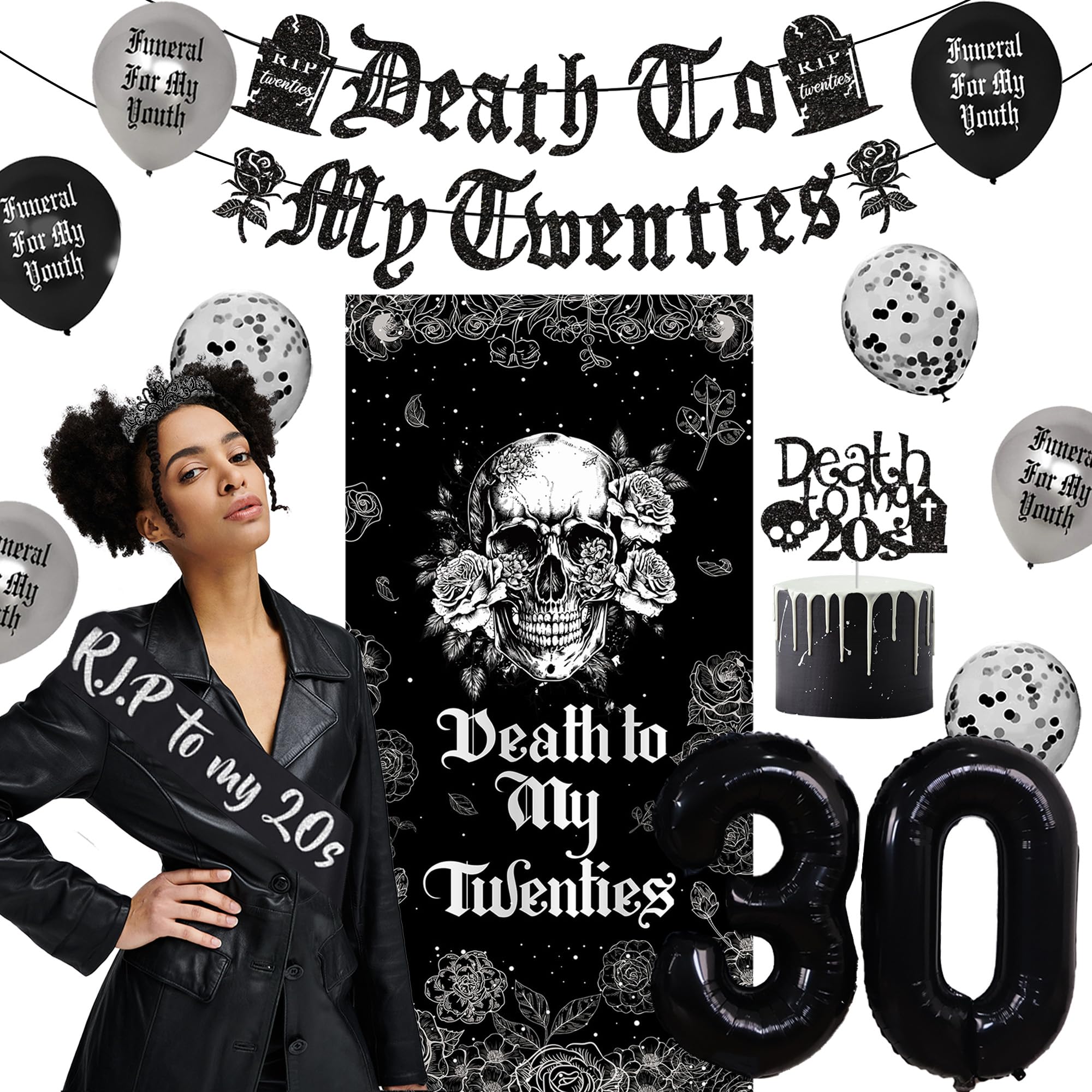 Vlipoeasn Death to My 20s Decorations for Her or Him, Death to My Twenties Backdrop, Banner, Sash, Cake Topper and Balloons for 30th BirthdayDecorations, Dirty 30 Year Old Birthday Party Supplies