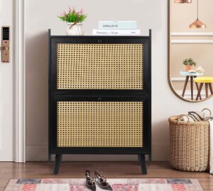 zybt black shoe storage organizer for entryway, rattan shoe storage cabinet, 2 flip drawers shoe organizer slim wooden shoe rack for door, free standing shoe racks for entryway