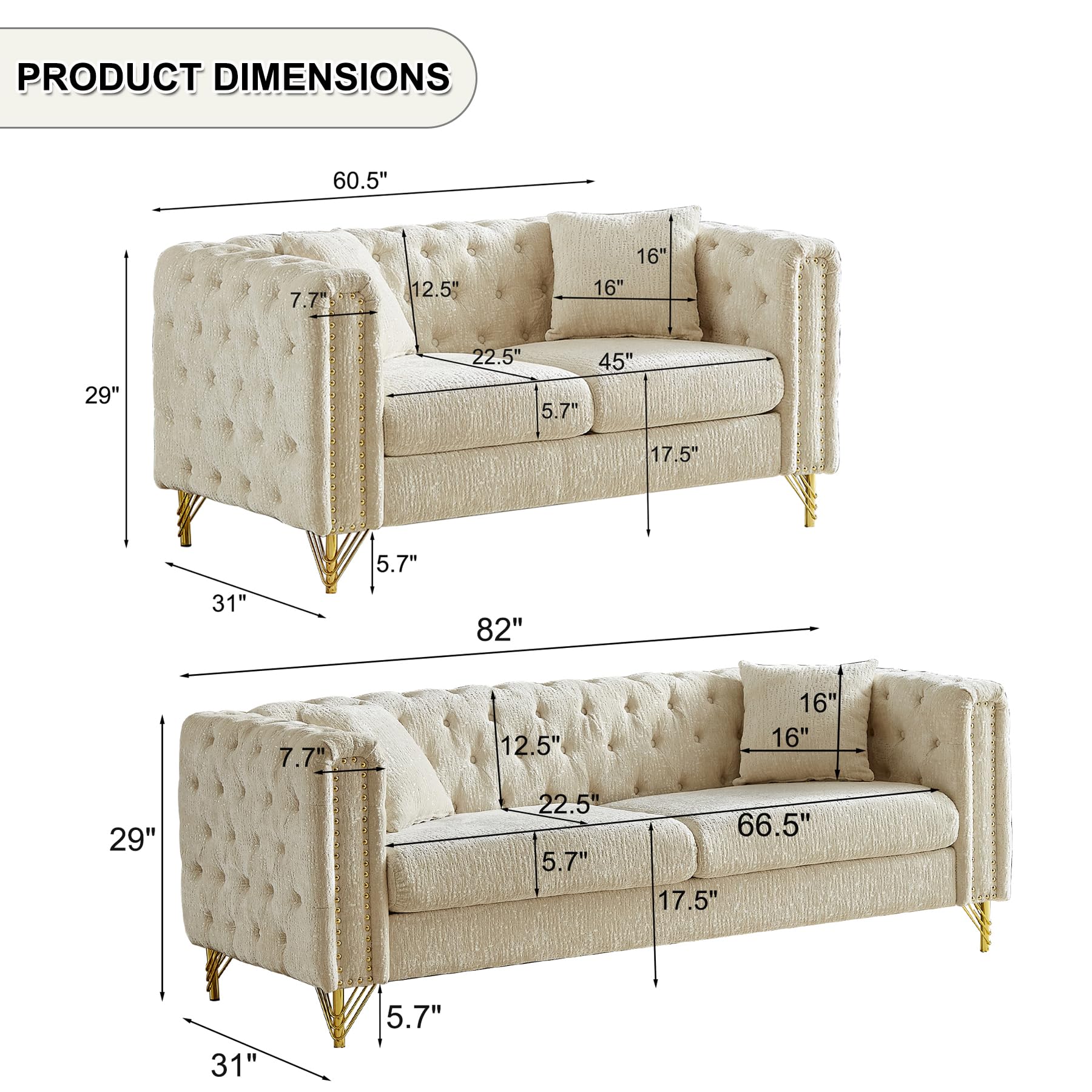 AZSJML 2 Piece Chesterfield Chenille Sofa Set for Living Room, Modern 3-Seater Couch and Loveseat Set,Tufted Chenille Sofa Nailhead and Gold Legs with 2 Pillows for Bedroom, Office, Beige