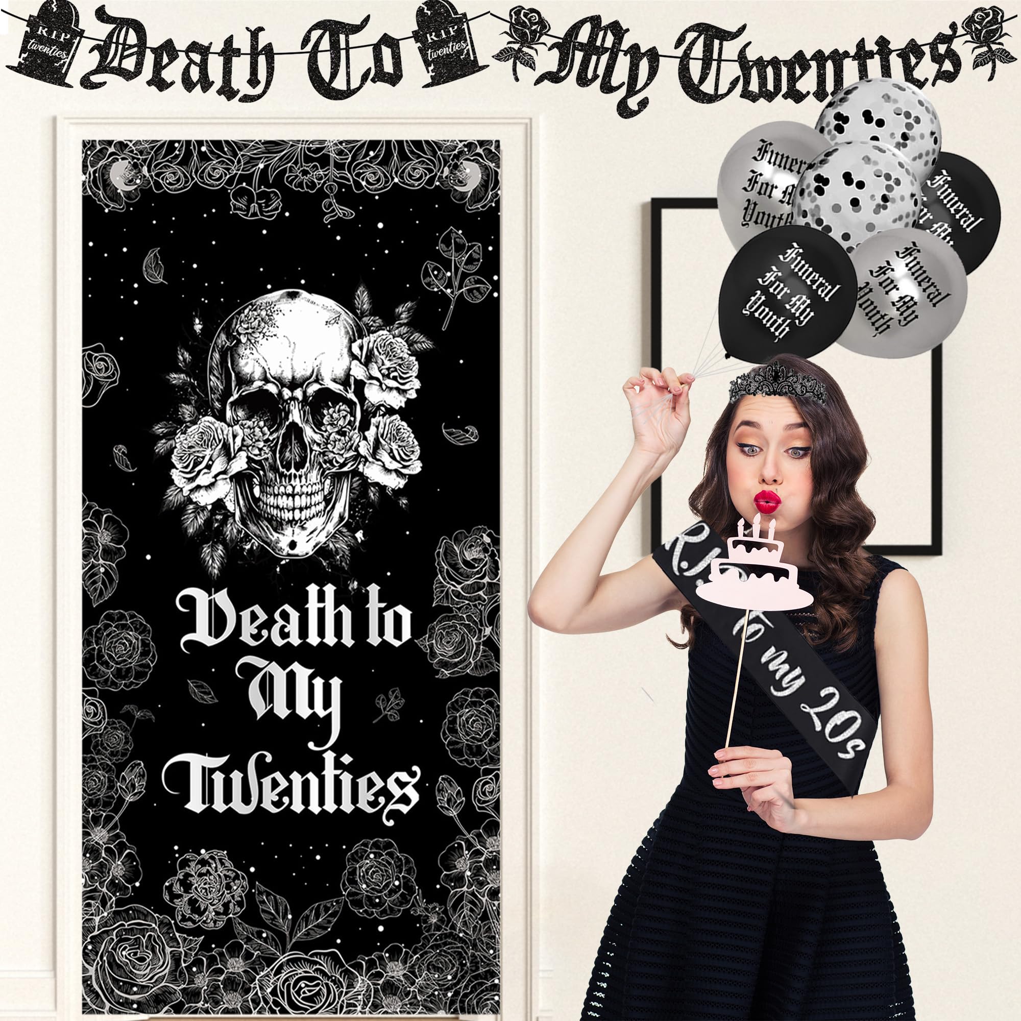 Vlipoeasn Death to My 20s Decorations for Her or Him, Death to My Twenties Backdrop, Banner, Sash, Cake Topper and Balloons for 30th BirthdayDecorations, Dirty 30 Year Old Birthday Party Supplies