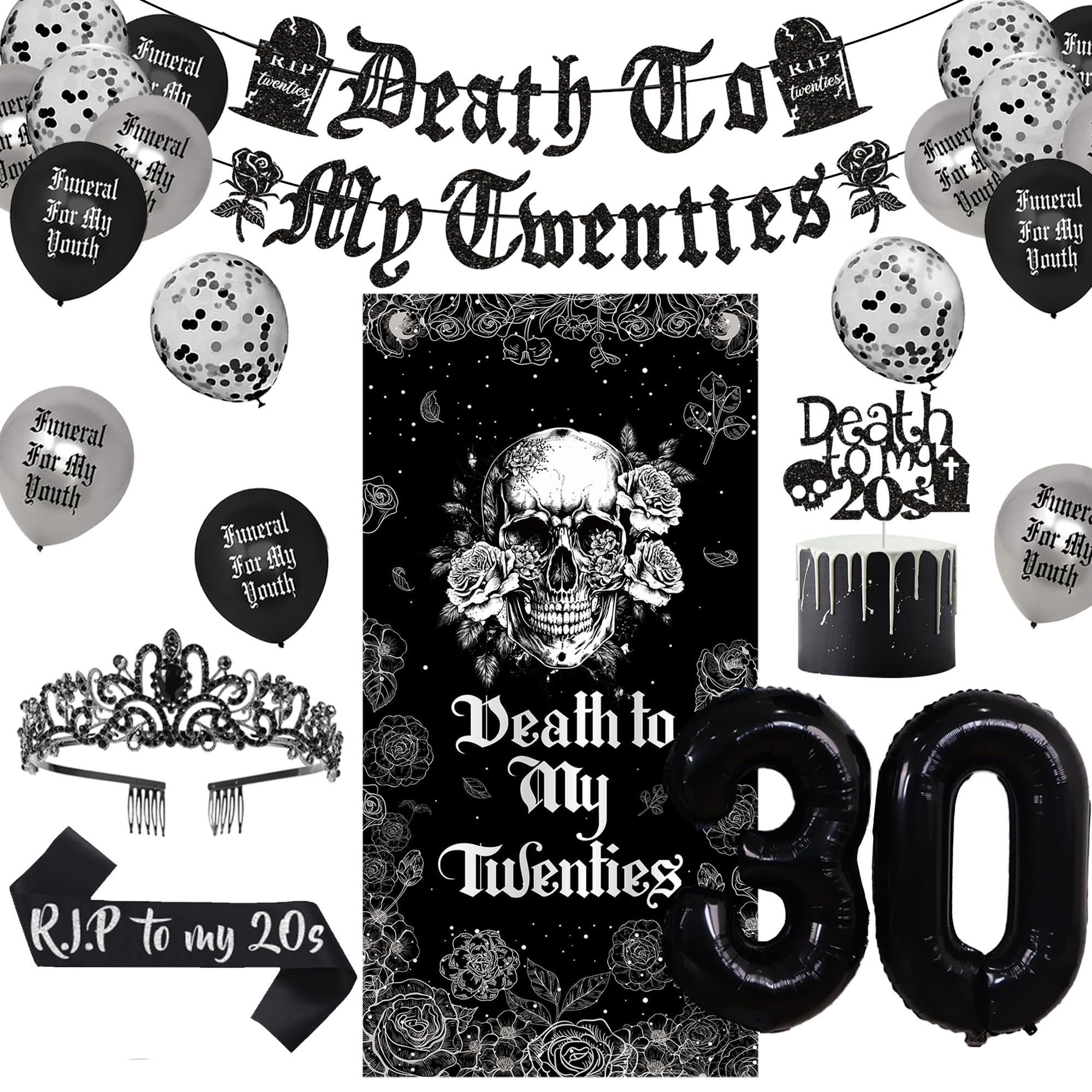 Vlipoeasn Death to My 20s Decorations for Her or Him, Death to My Twenties Backdrop, Banner, Sash, Cake Topper and Balloons for 30th BirthdayDecorations, Dirty 30 Year Old Birthday Party Supplies