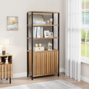 UEV Bookshelf 5 Tier Wood Boho Bookshelf with Storage Door,Fluted 71 in Tall Bookshelf with Metal Stand,Mid Century Modern Large Accent Bookcase for Living Room,Bed Room (Wood, 2 Piece)