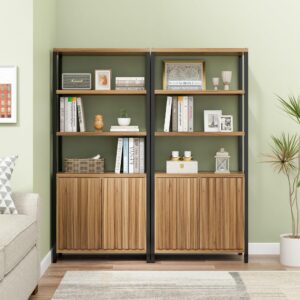 uev bookshelf 5 tier wood boho bookshelf with storage door,fluted 71 in tall bookshelf with metal stand,mid century modern large accent bookcase for living room,bed room (wood, 2 piece)