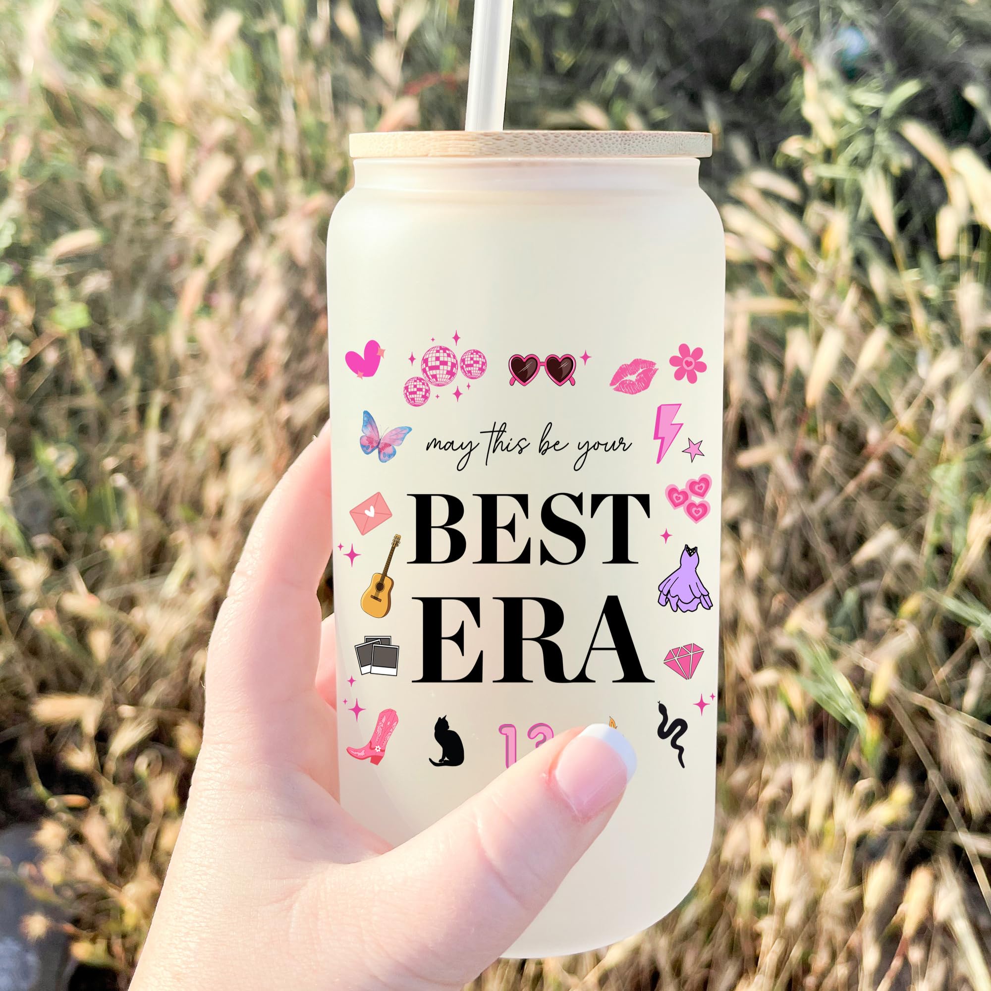 Eddirayla May This Be Your Best Era Themed Gifts, Birthday Gift Idea for Women, Merch, 16oz Glass Cup with Lid and Straws, Iced Coffee Mug, Glass Tumbler, Water Bottle, Stuff, Items, BE