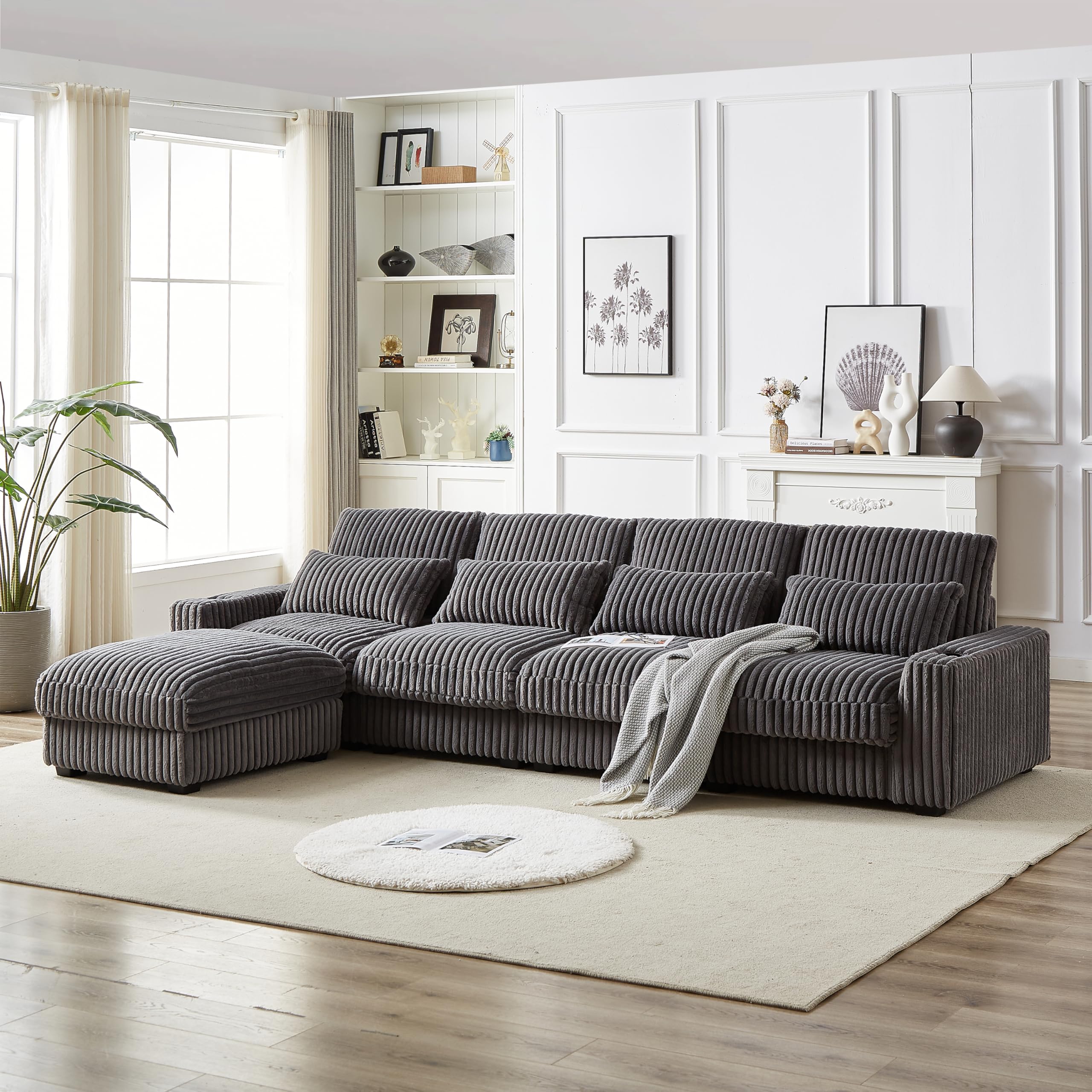 128" Modular Sectional Sofa, Comfy Corduroy Plush Couch with Cup Holders & Charging Ports, 4-Seater Sofa with Ottoman, L Shaped Couch with Reversible Chaise for Living Room, Apartment (Grey)