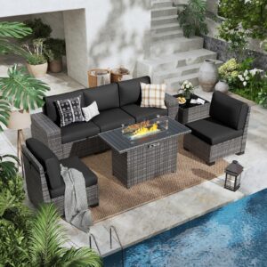 elposun 7 pieces outdoor patio furniture set with 44" fire pit table gray rattan sectional sofa conversation sets for balcony lawn and garden (black, 7 pcs w/fire table)