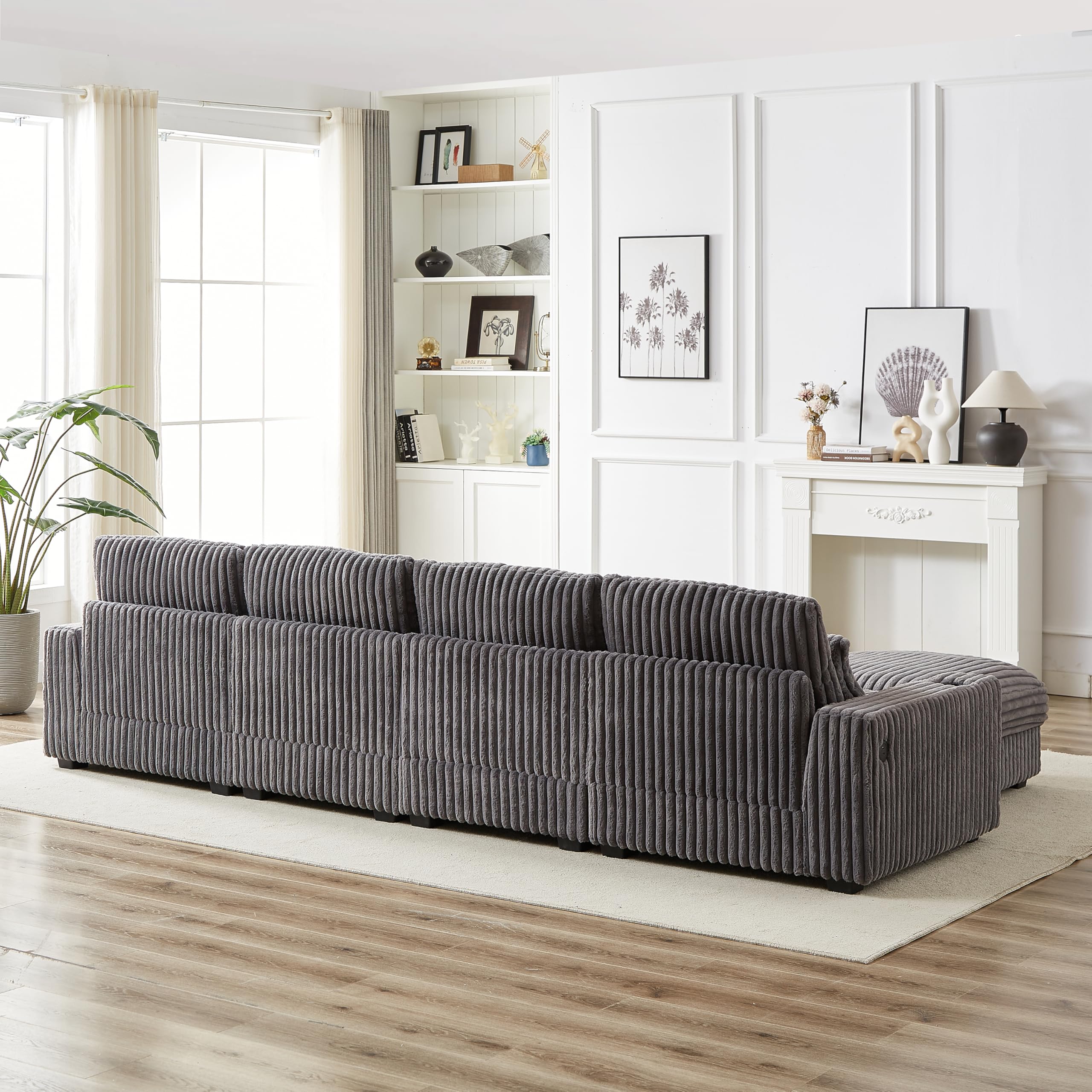 128" Modular Sectional Sofa, Comfy Corduroy Plush Couch with Cup Holders & Charging Ports, 4-Seater Sofa with Ottoman, L Shaped Couch with Reversible Chaise for Living Room, Apartment (Grey)