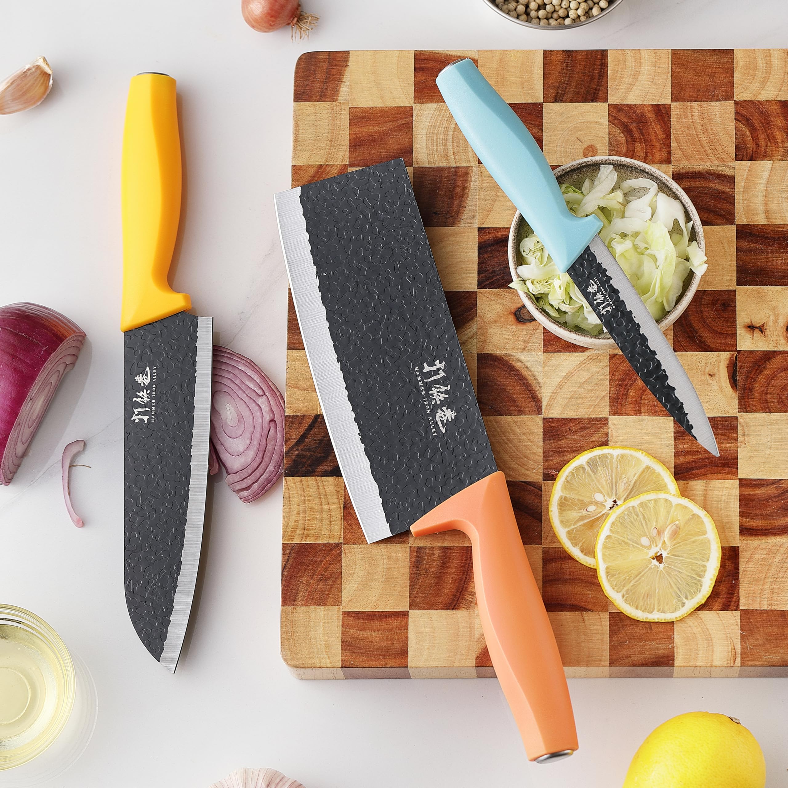 3PCS Kitchen Knives, HIA Stainless Steel Chef Knife Set, Includes 7 inch Chef Knife, 7 inch Cleaver Knife and 4.5 inch Boning Knife, Ultra Sharp Blade with Ergonomic ABS Handle (Blue, Yellow, Orange)