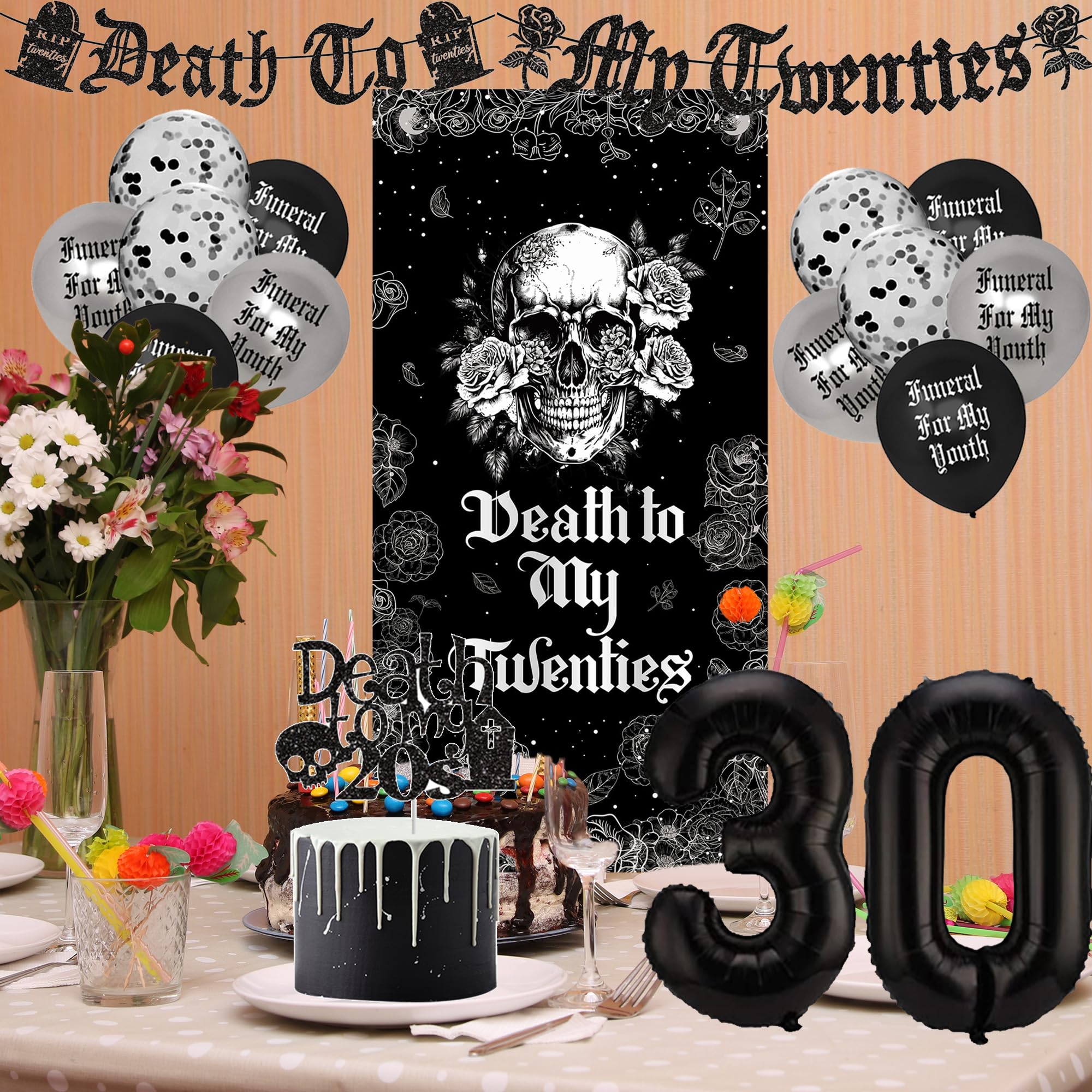 Vlipoeasn Death to My 20s Decorations for Her or Him, Death to My Twenties Backdrop, Banner, Sash, Cake Topper and Balloons for 30th BirthdayDecorations, Dirty 30 Year Old Birthday Party Supplies