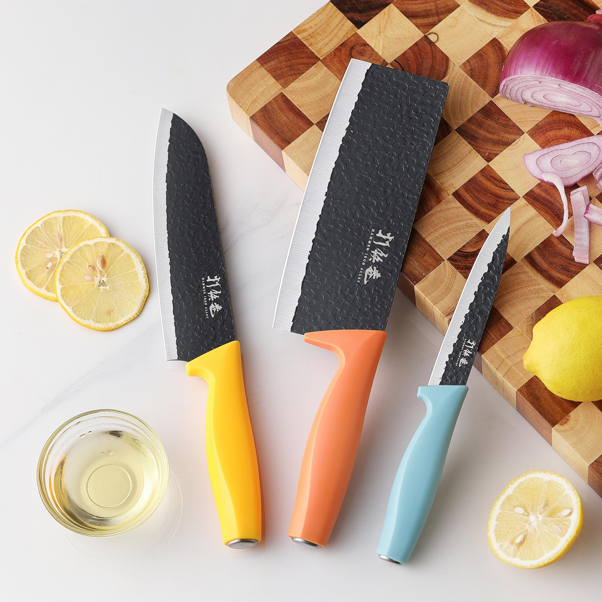 3PCS Kitchen Knives, HIA Stainless Steel Chef Knife Set, Includes 7 inch Chef Knife, 7 inch Cleaver Knife and 4.5 inch Boning Knife, Ultra Sharp Blade with Ergonomic ABS Handle (Blue, Yellow, Orange)