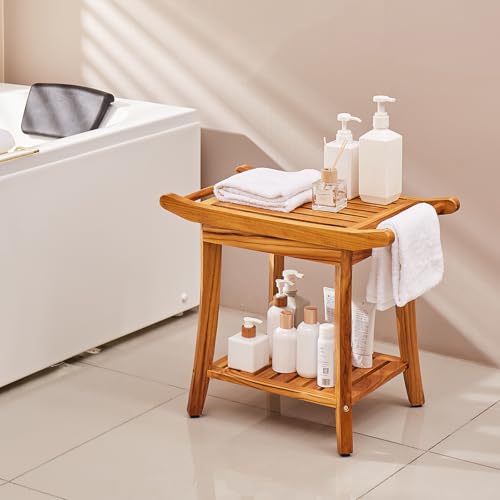 VEVOR Teak Shower Bench with Handles, 22in Waterproof Wood Shower Stool with Storage Shelf Non-Slip Feet, 300 lbs Load Capacity Shower Chair Seat, for Bathroom Indoor and Outdoor Use