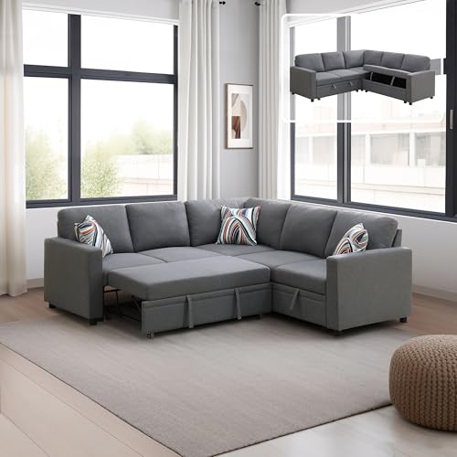 UOCFYK Sackcloth 3-Pieces Pull Out Sleeper Sofa Bed with Storage Chaise, L-Shape Sectional Couch Bed with Back Cushion for Living Room,Apartment,Office - Dark Grey