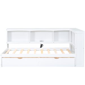 Quarte Twin Size Daybed with Two Storage Drawers, L-Shaped Storage Cabinets and USB Ports, Wooden Platform Bed for Kids Boys Girls Teens Adults (White-U)