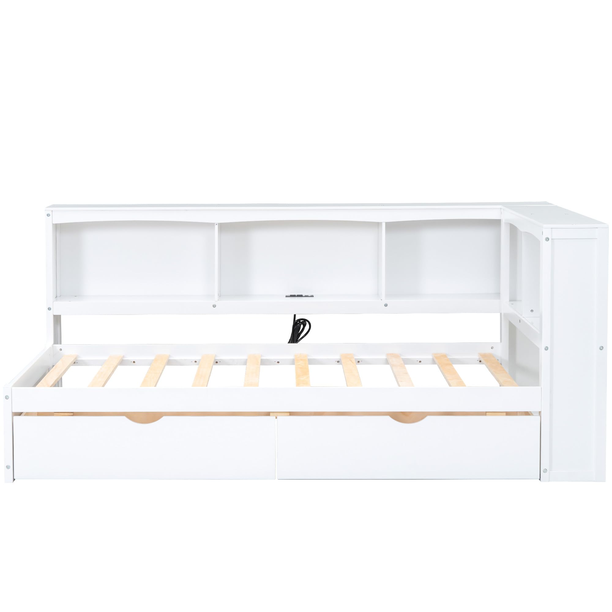 Quarte Twin Size Daybed with Two Storage Drawers, L-Shaped Storage Cabinets and USB Ports, Wooden Platform Bed for Kids Boys Girls Teens Adults (White-U)