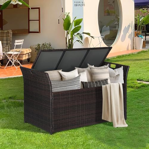 Brightpeak 90 Gallon Patio Storage Bench, Outdoor Wicker Deck Box with Cushion, PE Rattan Box with Handles (Brown)