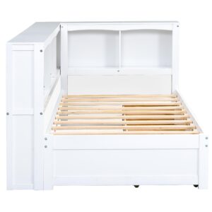 Quarte Twin Size Daybed with Two Storage Drawers, L-Shaped Storage Cabinets and USB Ports, Wooden Platform Bed for Kids Boys Girls Teens Adults (White-U)