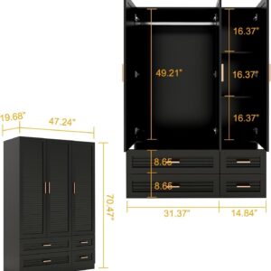 Keloyid Tall Armoire Wardrobe Closet with 4 Drawers, 3-Tier Shelves & Hanging Rod, 3 Louver Doors Wooden Closet Storage Cabinet for Bedroom, Black