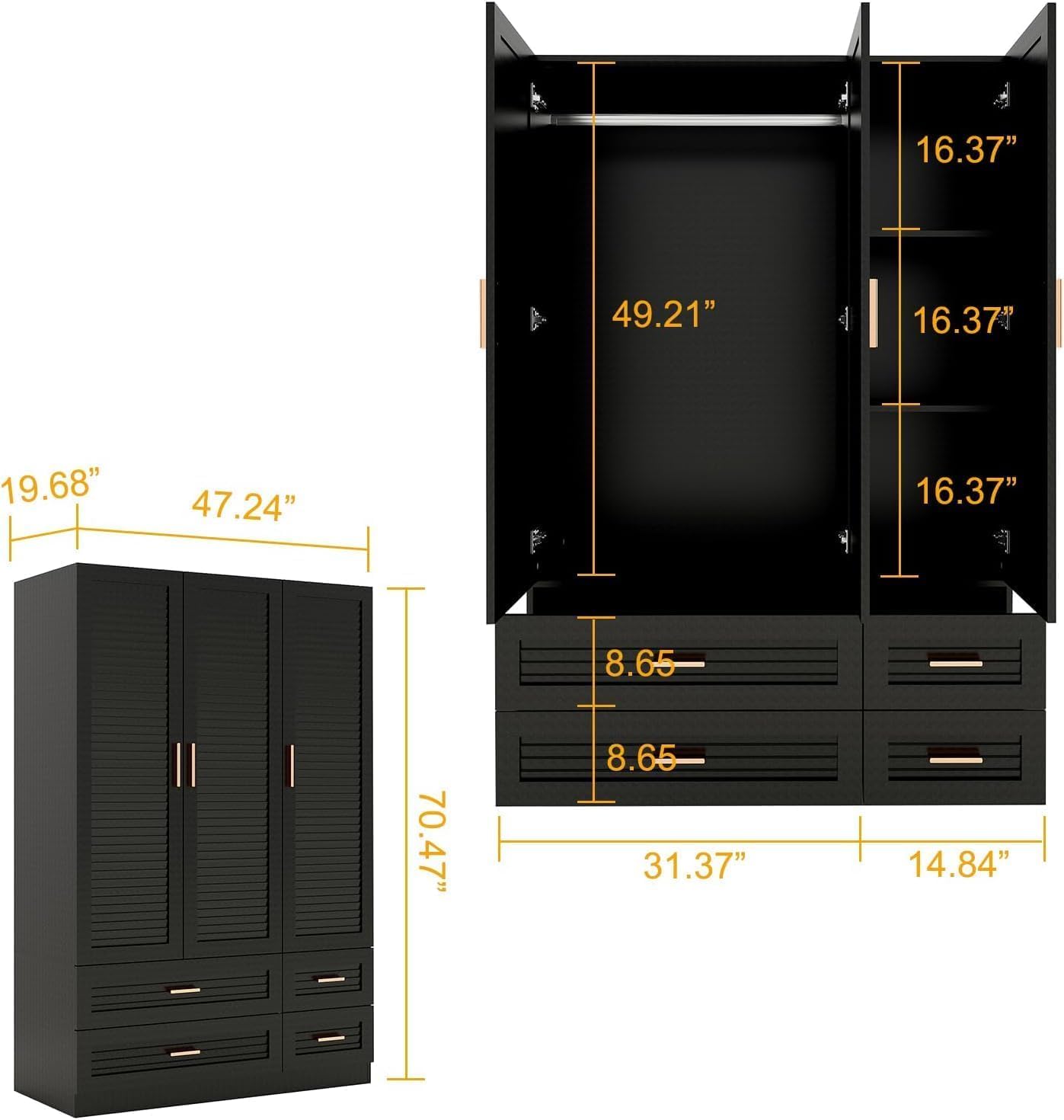 Keloyid Tall Armoire Wardrobe Closet with 4 Drawers, 3-Tier Shelves & Hanging Rod, 3 Louver Doors Wooden Closet Storage Cabinet for Bedroom, Black