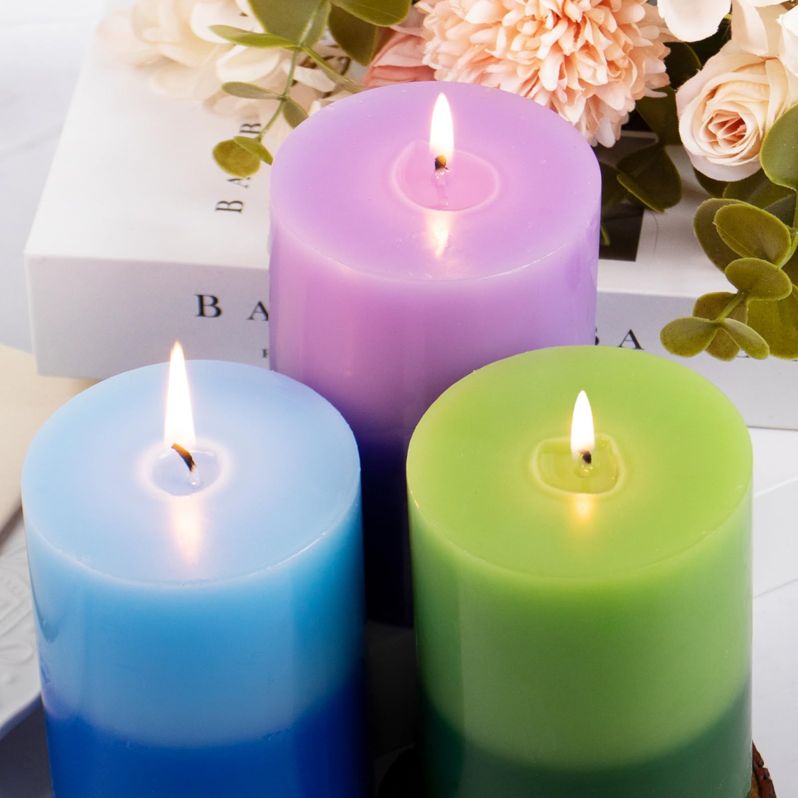 KONNI Blue Layered Pillar Candles Set of 3, 3"x 4" Unscented Pillar Candles Bulk, 39 Hours Long Burning Candles, Smokeless&Dripless Large Round Candle for Wedding, Home Decoration, Parties, Dinner