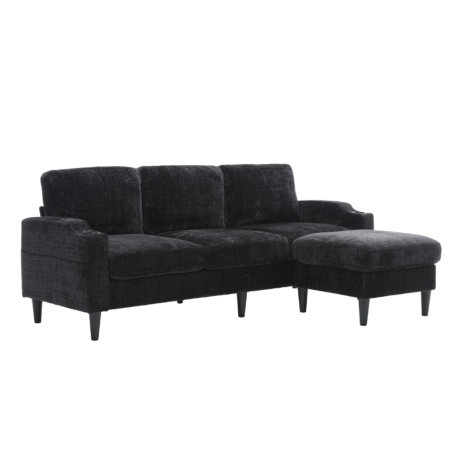 XUWANSHANG 77.36" Modular Sectional Sofa Couch, Chenille Fabric L Shaped Sectional Couches 3 Seater Couches with Storage Ottoman Cup Holders Side Pockets for Small Spaces Living Room Office, Black