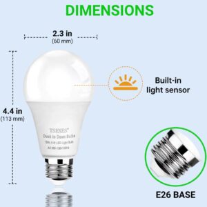 TSEXES 6 Pack Dusk to Dawn Light Bulbs Outdoor, A19 LED Light Bulb 75W Equivalent,5000K Daylight,Auto On/Off Photocell Sensor for Indoor Outdoor Lighting