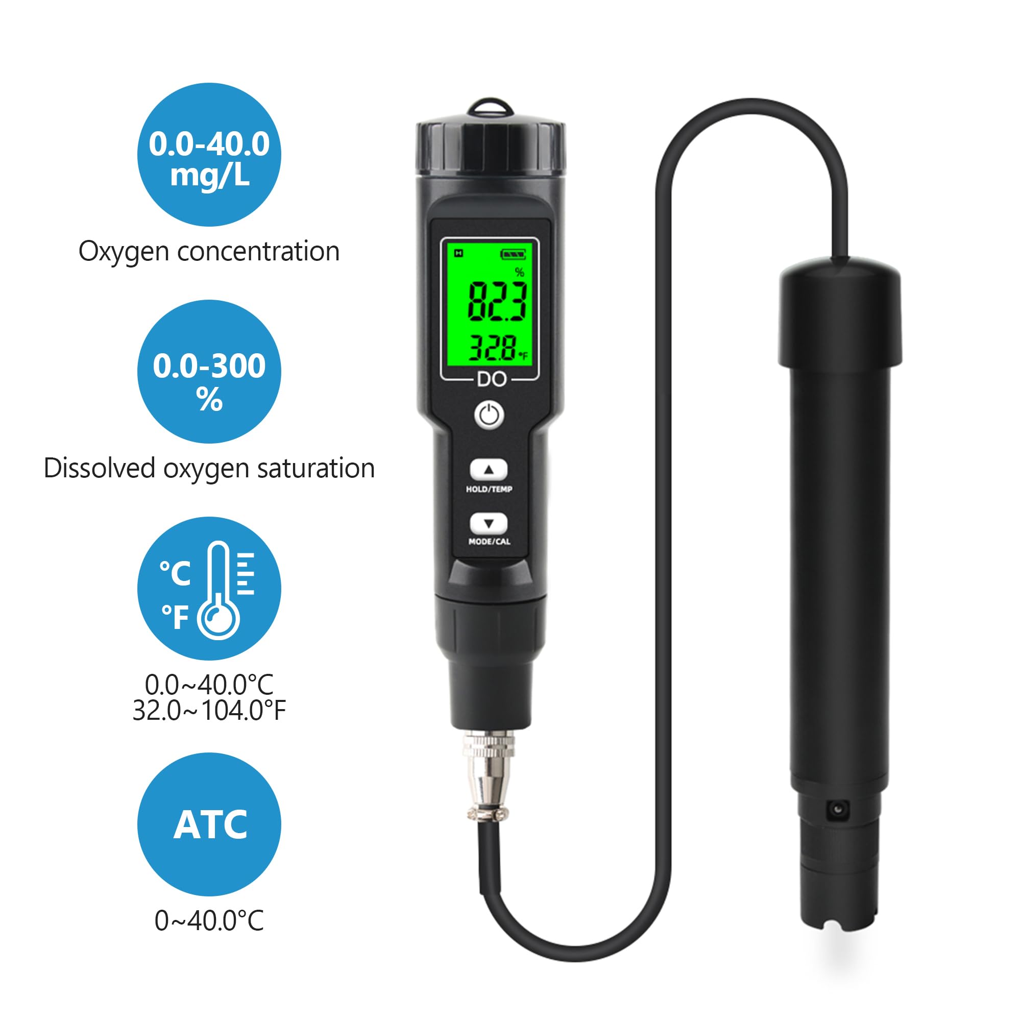 Dissolved Oxygen Meter with ATC,0-40.00 mg/L Measurement Range,Dissolved Oxygen Test Kit for Pond Aquarium Aquaculture and Water Fish Tank,DO Meter with Electrode Filling Fluid.