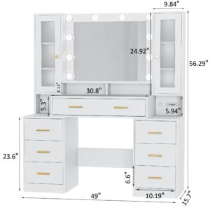 elifine Vanity Desk with Mirror and Lights & Charging Station, Makeup Vanity Mirror with 3 Colors Lighting Adjustable Brightness, Large Dressing Table with Nightstand, 7 Drawers & 2 Cabinets