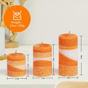 KONNI Scented Pillar Candles-Ice Flower Texture-Set of 3 Orange Candles-2"x2", 2"x3", and 2"x4"-Smokeless and Long Burning Decorative Candles for Home Decor,Dinner Table Decor and Relaxation