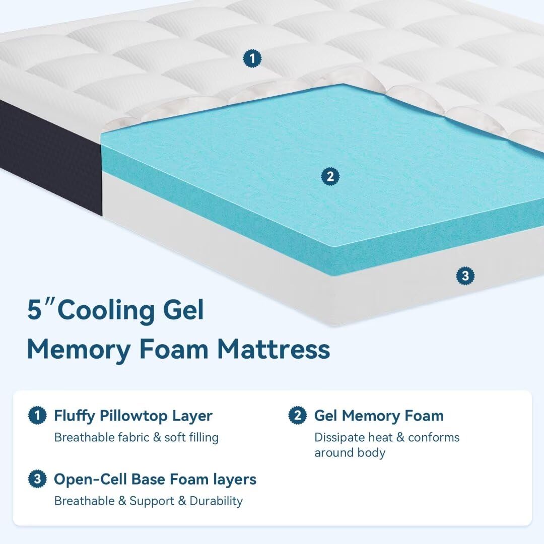 Topllen 5 Inch King Mattress in a Box,Cooling Gel Memory Foam Mattress with Breathable Pillowtop for Pressure Relief,Motion Isolation,Fiberglass-Free,CertiPUR-US® Certified,CertiPUR-US® Certified