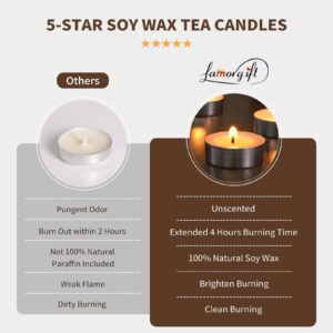 Soy Tealight Candles | 50 Pack | 4 Hours - 100% Natural Soy Wax Tea Candles | Paraffin-Free, Unscented Tealights Small Candles in Bulk, Long Burning Tea Lights Candles for Shabbat, Home, Wedding