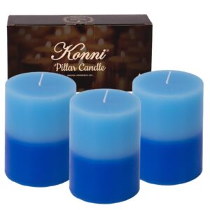 konni blue layered pillar candles set of 3, 3"x 4" unscented pillar candles bulk, 39 hours long burning candles, smokeless&dripless large round candle for wedding, home decoration, parties, dinner