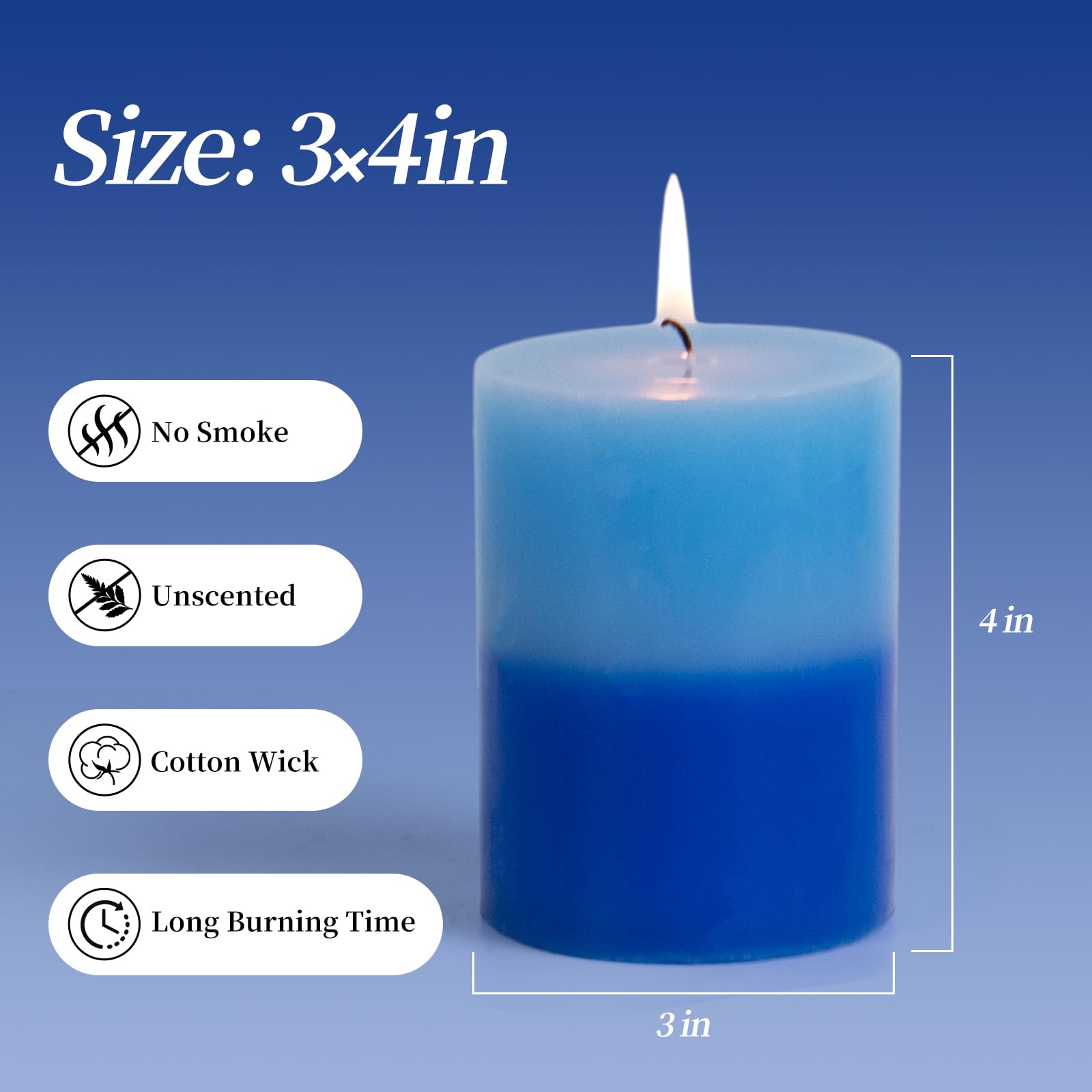 KONNI Blue Layered Pillar Candles Set of 3, 3"x 4" Unscented Pillar Candles Bulk, 39 Hours Long Burning Candles, Smokeless&Dripless Large Round Candle for Wedding, Home Decoration, Parties, Dinner