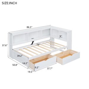 Quarte Twin Size Daybed with Two Storage Drawers, L-Shaped Storage Cabinets and USB Ports, Wooden Platform Bed for Kids Boys Girls Teens Adults (White-U)