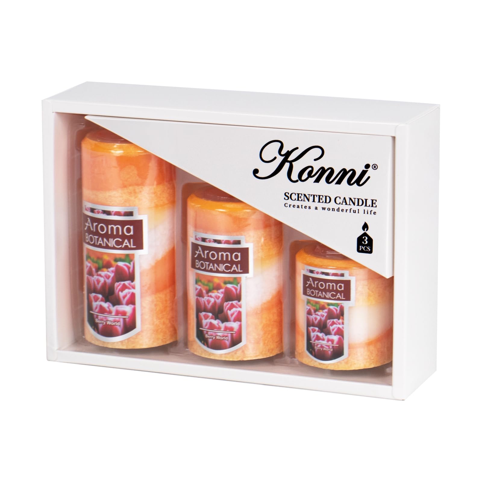 KONNI Scented Pillar Candles-Ice Flower Texture-Set of 3 Orange Candles-2"x2", 2"x3", and 2"x4"-Smokeless and Long Burning Decorative Candles for Home Decor,Dinner Table Decor and Relaxation