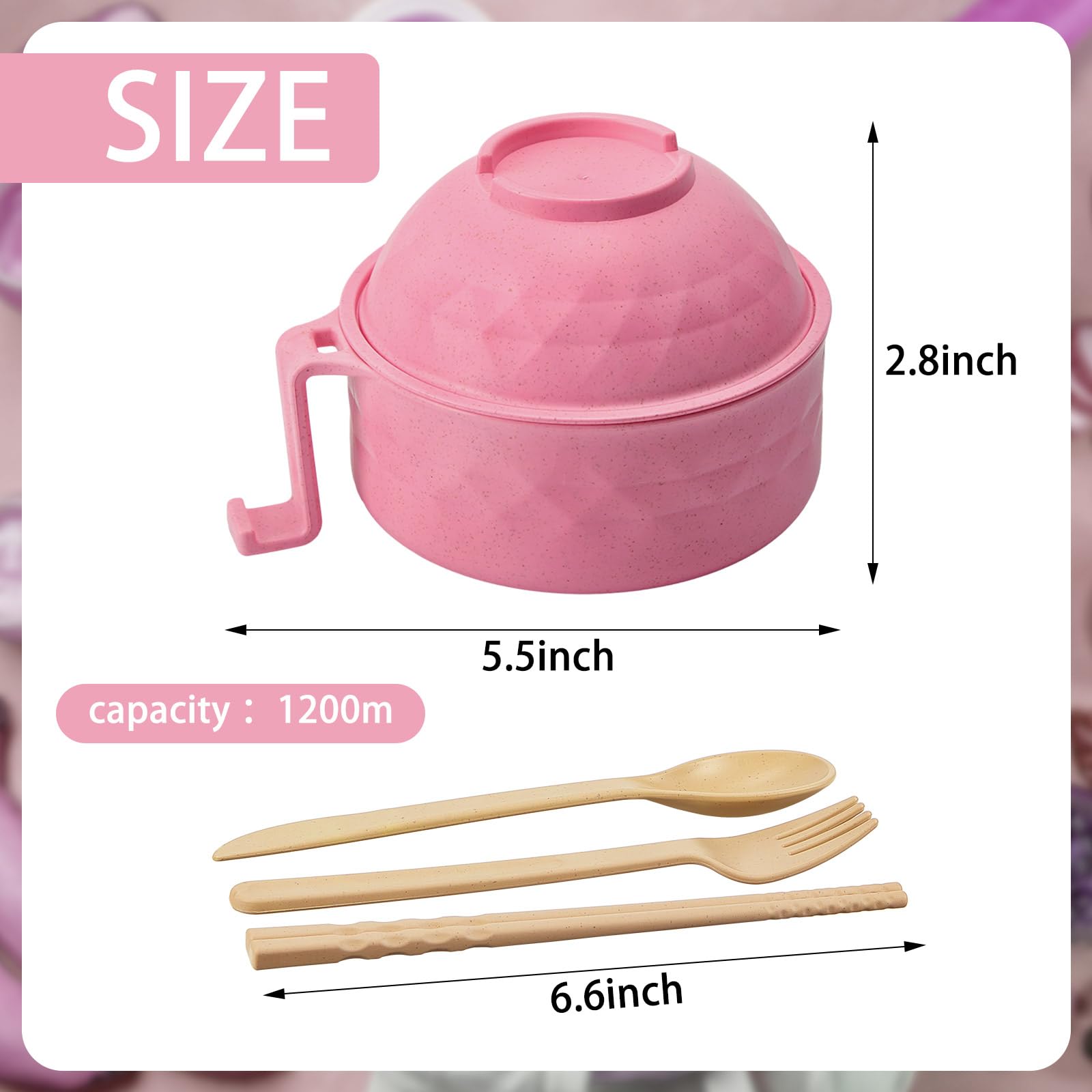 Romooa Microwave Ramen Cooker Set 33 oz Quick Ramen Bowl Set Microwave Noodle Cooker with Handle Ramen Noodle Bowl with Spoon Chopsticks Fork College Dorm Room Apartment Essentials(Pink)