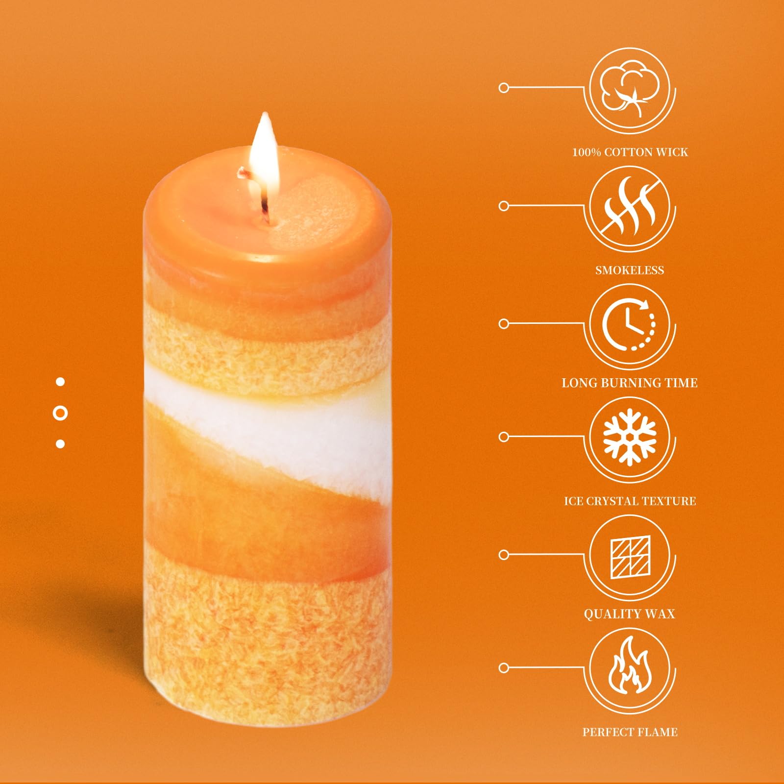 KONNI Scented Pillar Candles-Ice Flower Texture-Set of 3 Orange Candles-2"x2", 2"x3", and 2"x4"-Smokeless and Long Burning Decorative Candles for Home Decor,Dinner Table Decor and Relaxation