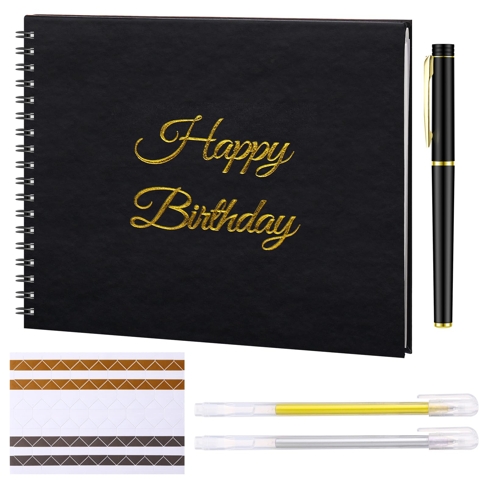 Mooliwe Birthday Guestbook with Pens Stickers Happy Birthday Signature Book 8.3 x 6.5 Inch Black Gold Birthday Guestbook for Birthday Photobooth Photo Strips Scrapbook Birthday Gift Party Supplies