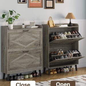 OtterOasis Shoe Storage Cabinet with 2 Flip Drawers, Farmhouse Narrow Shoe Cabinet for Entryway, Slim Shoe Organizer Cabinet with Wood Legs, Washed Gray